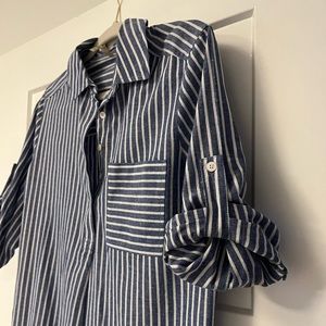 Blue and white striped shirt dress. Cute for maternity or for an oversized look.